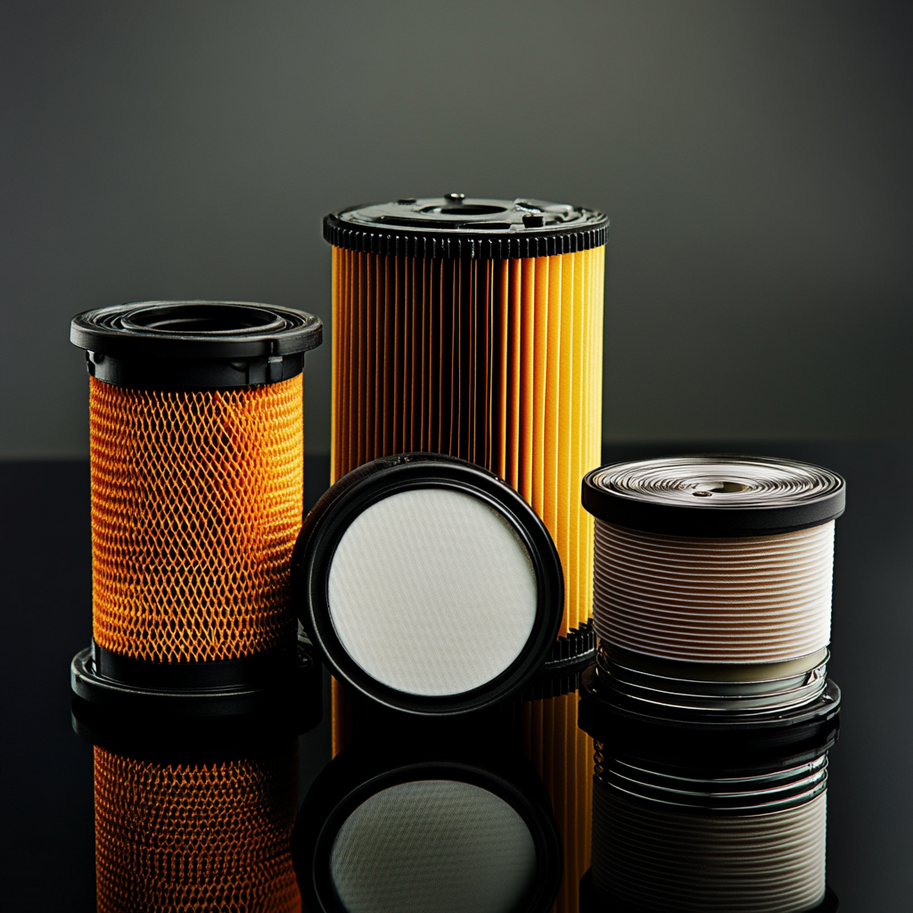 An array of different vehicle filters arranged against a dark background, showcasing their design and diversity.